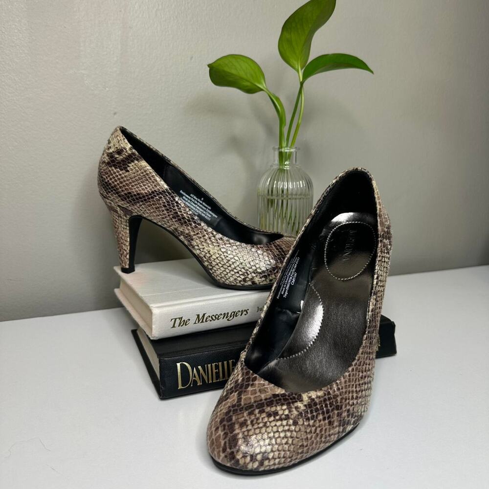 Brown snakeskin suede stiletto pumps